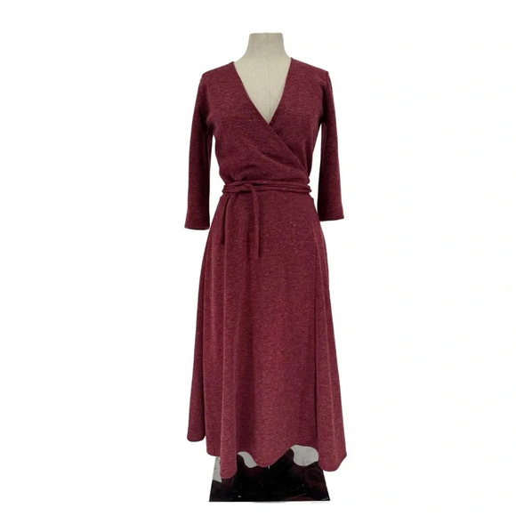 Christine Alcalay Small Wrap Sweater Dress Burgundy Midi Length Pockets - Picture 5 of 14